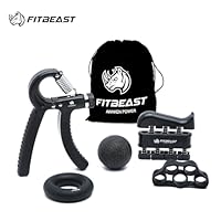 FitBeast Hand Grip Strengthener Forearm Grip Workout Kit - 5 Pack Adjustable Hand Gripper, Finger Exerciser, Finger Stretcher, Exercise Ring & Stress Relief Grip Ball for Athletes and Musicians