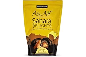 BONBALLOON Abu Auf Sahara Delights Dark Chocolate Dates With Almonds Delicious Finest Natural Egypt Tamar Tamr Tamaar Ramadan Kosher Halal (1 Pack = 10.58 oz / 300 gm) تمر مغطى بالشيكولاته الغامقة ومحشو لوز