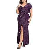 ZOMVA Plus Size Formal Maxi Dress Sparkly Ruched Ruffle Sleeve V Neck Wrap Slit Cocktail Wedding Guest Prom Evening Gown