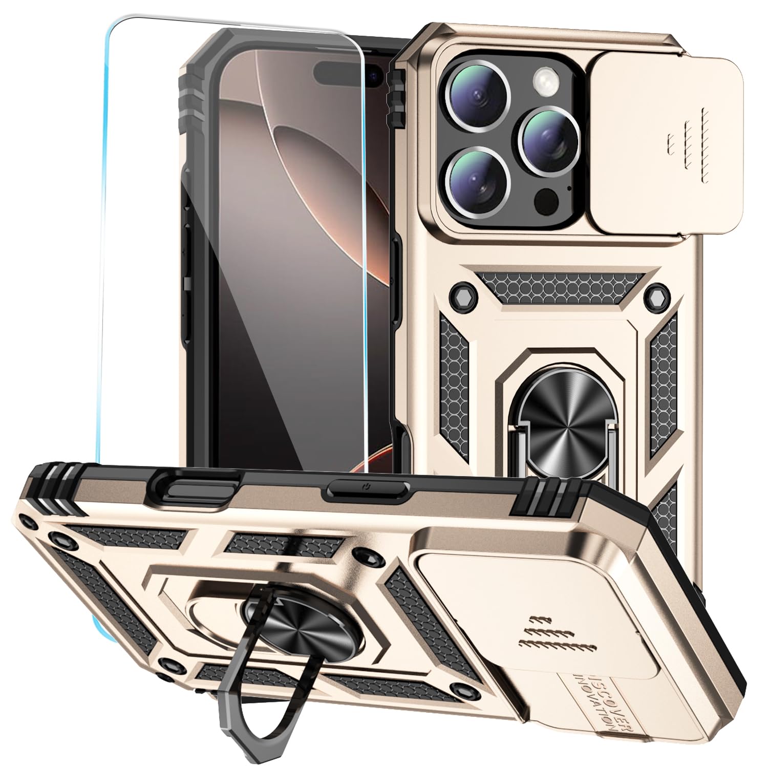 SunStory Phone Case for iPhone 16 Pro Max Case with HD Screen Protector & Slide Camera Cover & Rotated Ring Kickstand, [Military-Grade] Phone Case for Phone 16 Pro Max 6.9" (Gold)