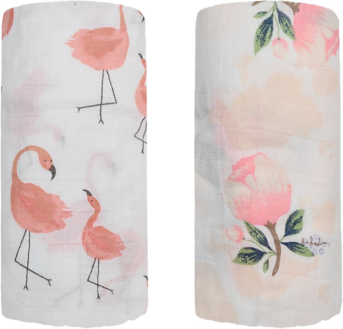 Bamboo Muslin Swaddle Square Blankets - 2 Pack Flamingo & Floral Print Baby Receiving Blanket Wrap for Girl Shower Gift by Qav Juh (Flamingo&Floral)