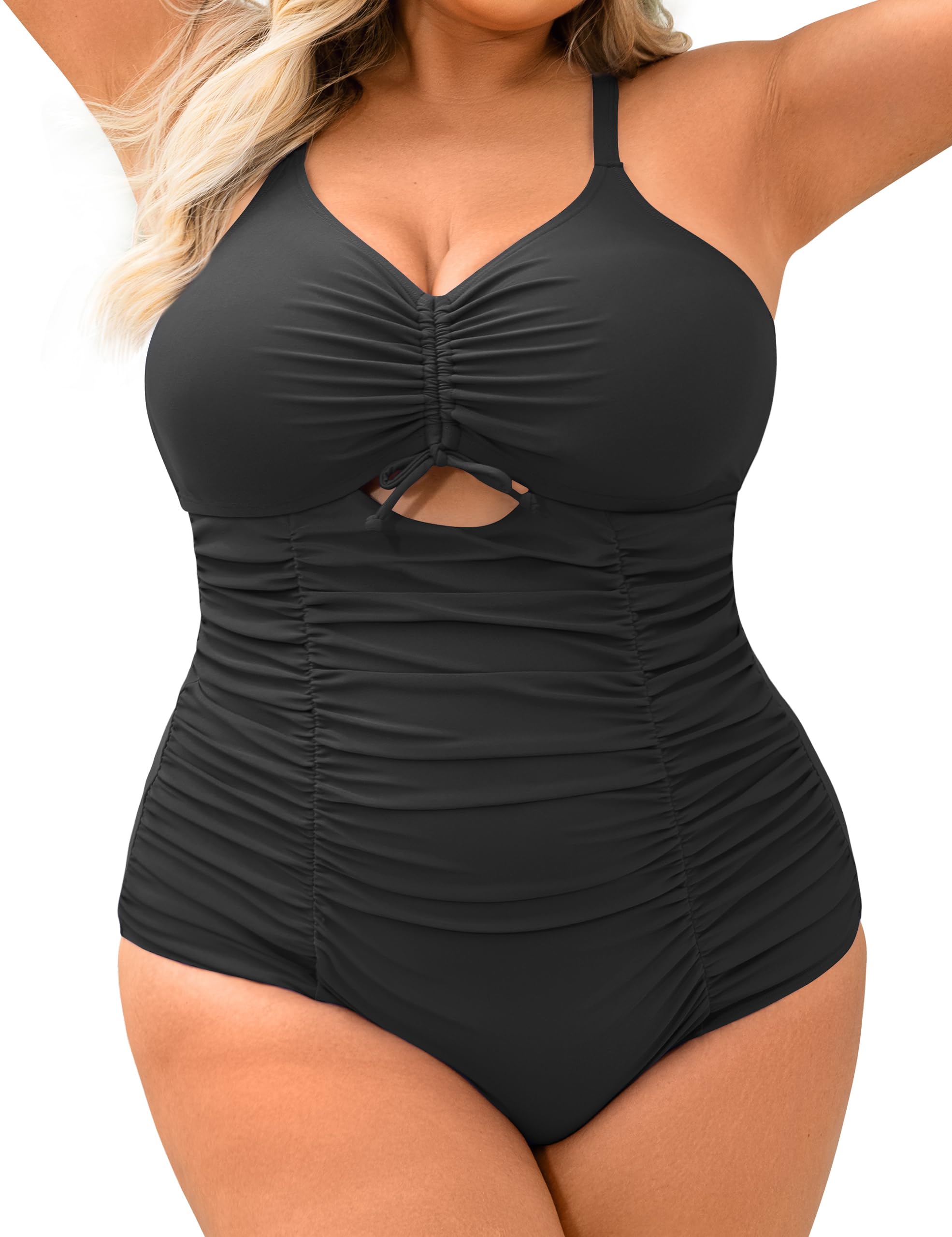 Photo 1 of Curvagile Women's Plus Size One Piece Swimsuits Tummy Control Cutout Swim Romper Bathing Suit V Neck Bow Ties Swimwear XL(Black?1XL)