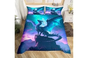 HOMEWISH Dragon Duvet Cover Set Queen Size,Blue Purple Nebula Galaxy Bedding Set Kids Boys Girls Room Decor,Mountain Wildlife Nature Comforter Cover 3Pcs,Western Magical Dragon Bedspreads Cover,2 Pillowcases