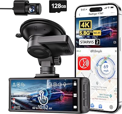 REDTIGER 4K STARVIS 2 Dashcam Auto Vorne Hinten,Touchscreen 3,18 Zoll,Sprachsteuerung,Dash Cam Auto 5.8GHz WiFi 6,GPS,Kostenlose 128GB Karte,2160P UHD-Nachtsicht,Notfall-Sperre,Parkmonitor (F7N Touch)