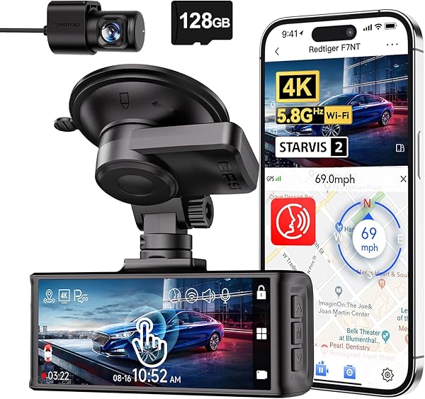 REDTIGER 4K STARVIS 2 Dashcam Auto Vorne Hinten,Touchscreen 3,18 Zoll,Sprachsteuerung,Dash Cam Auto 5.8GHz WiFi 6,GPS,Kostenlose 128GB Karte,2160P UHD-Nachtsicht,Notfall-Sperre,Parkmonitor (F7N Touch)