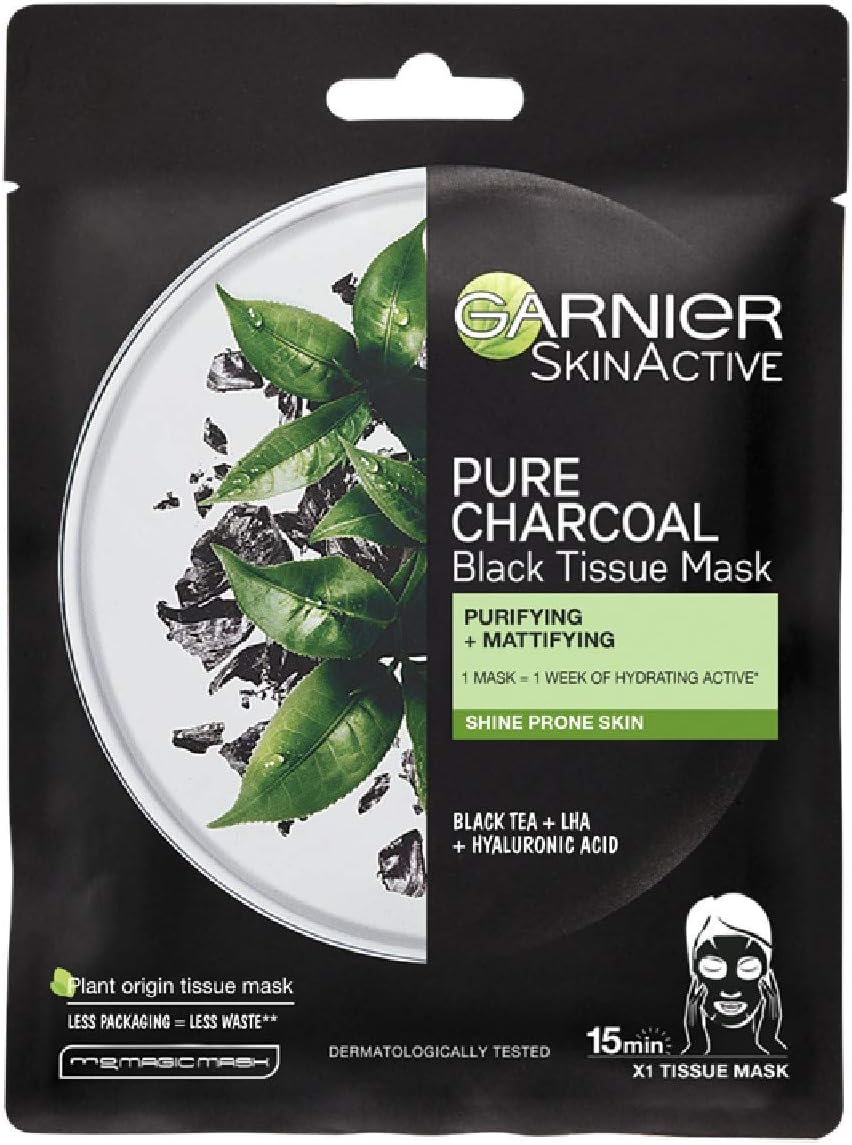 Garnier Pure Charcoal and Black Tea Sheet Mask, Purifying and Hydrating Face Mask With Hyaluronic Acid