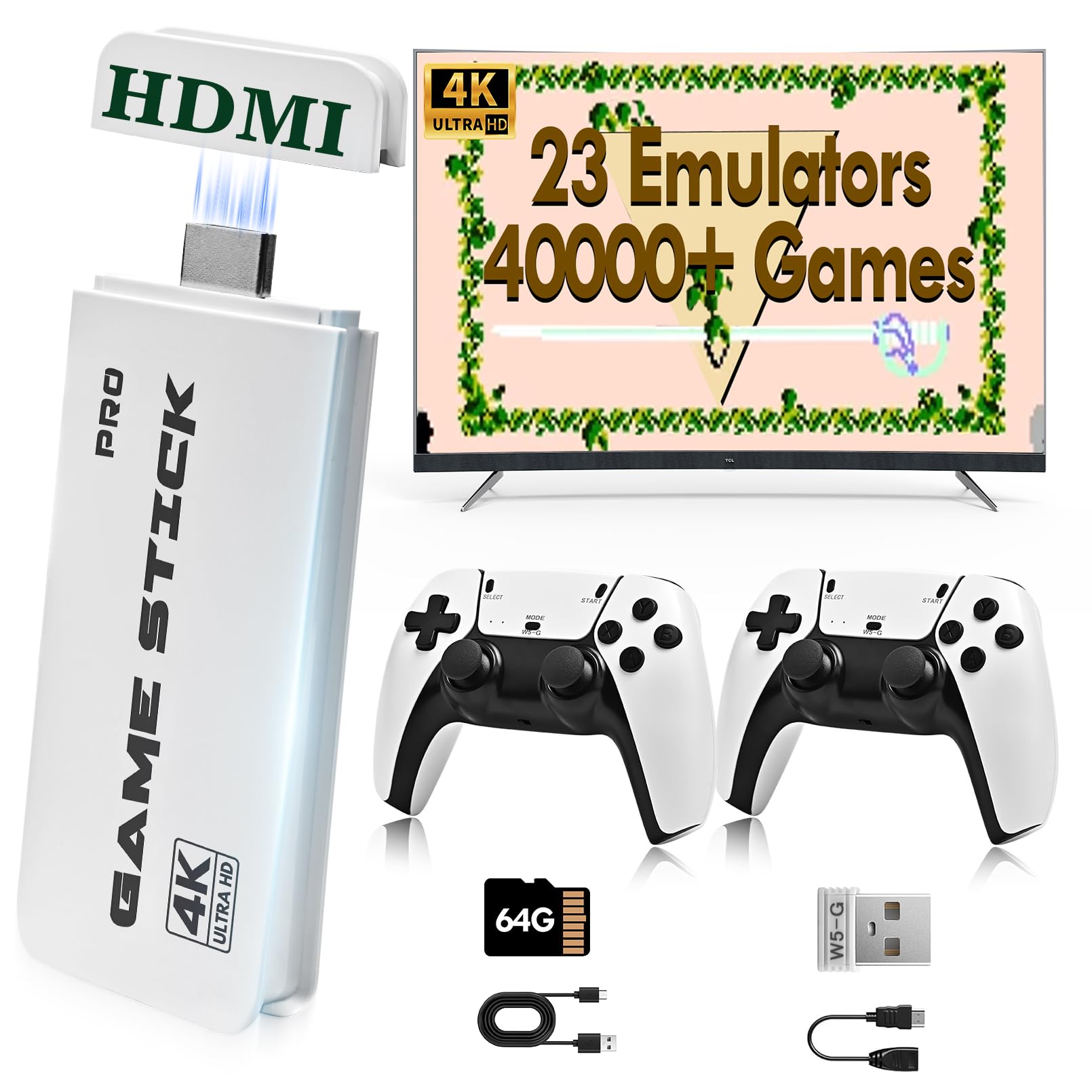 Photo 1 of 2025 Game Stick 4K 40,000 Games, Retro Gaming Console with Built-in 23 Emulators, HDMI Output, 64G TF Card, 2 Wireless Controllers, Plug and Play