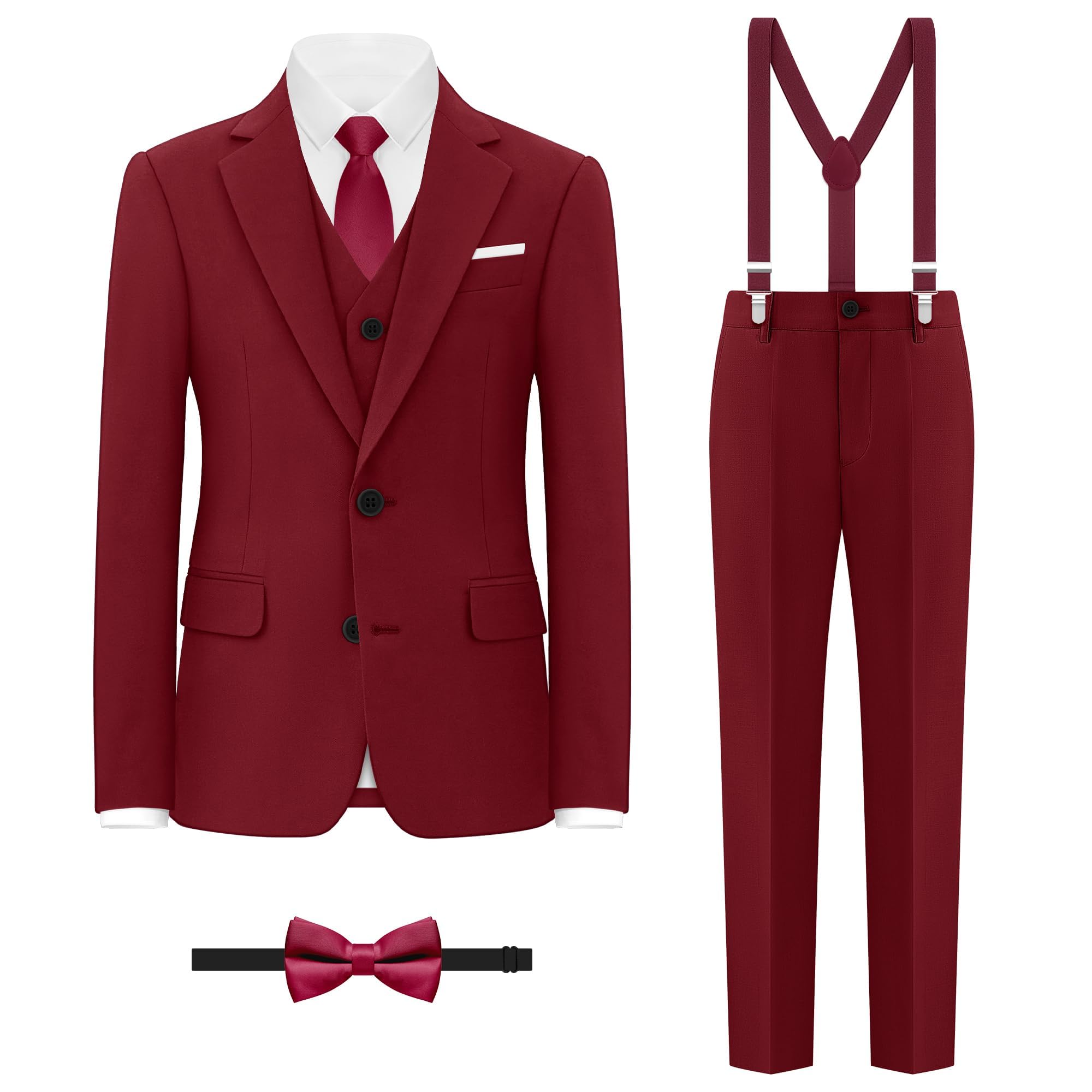 BOLADA Boys' Suit Burgundy Slim fit Suits for Kids Formal Classic 6 Piece Big Boys Toddler Tuxedos Teen Youth Size 5 Image