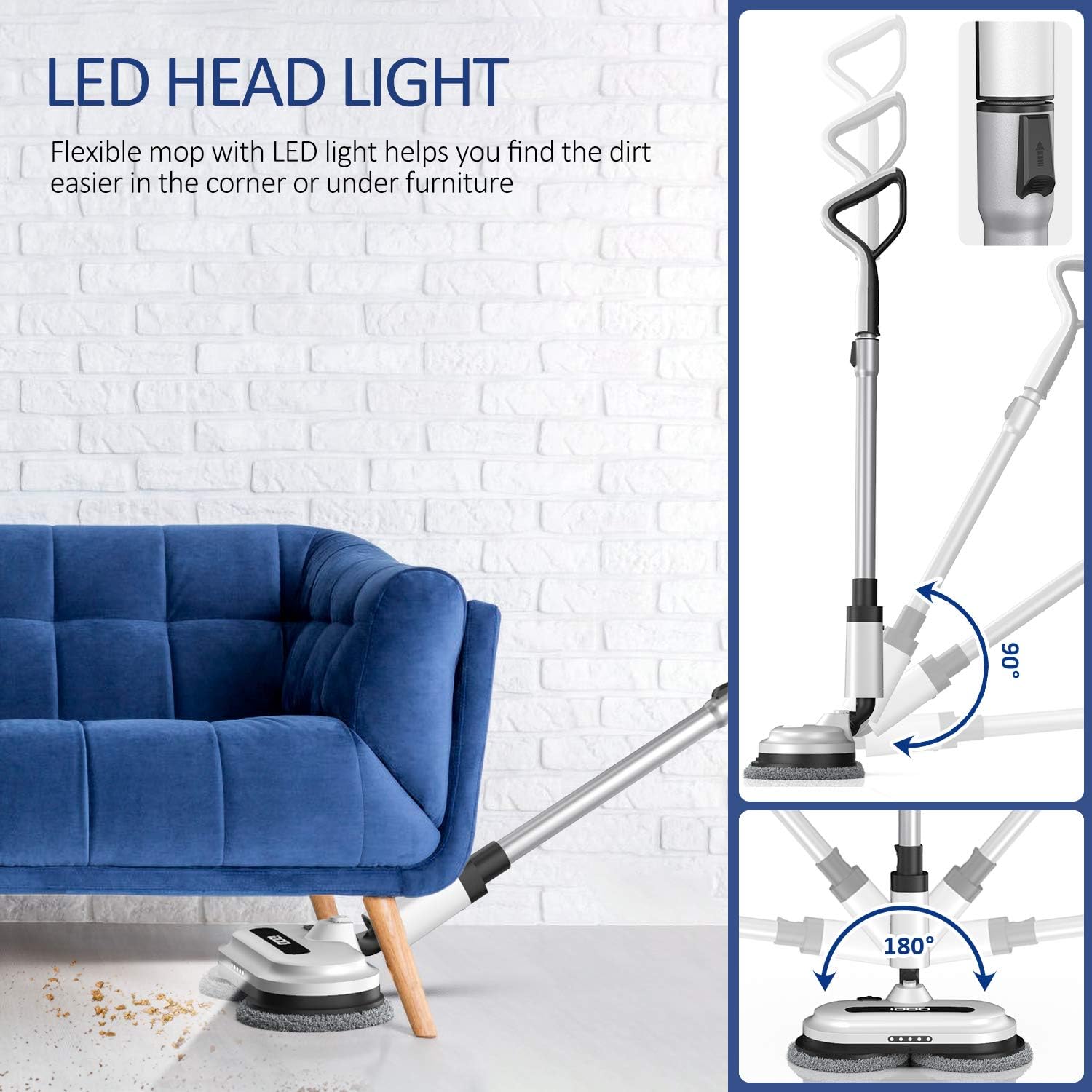 Cordless Electric Spin Mop, Floor Cleaner with Built-in 300ml Water Tank, Polisher for Hard Wood & Tile & Laminate & Marble Floors, Scrubber&Spray Mop with 4 Mop Pads,Detachable Battery, LED Headlight: Health & Personal Care