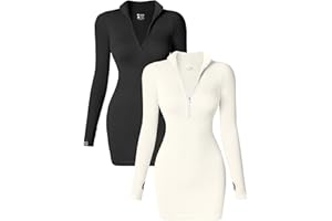 OQQ Women's 2 Piece Dresses Sexy Ribbed Zip Front Long Sleeve Tops Mini Dress