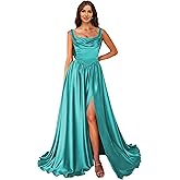 Fokissy Cowl Neck Satin Ball Gown for Women Corset Prom Dresses Long Puffy A-Line Evening Gown with Slit