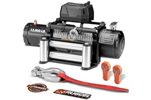 RUGCEL WINCH 12000lb Waterproof Electric Truck Winch 12V Steel Rope Winch with Roller Fairlead, Wired Handle and 2 Infrared Remote,for Truck and Wrangler in Car Lift