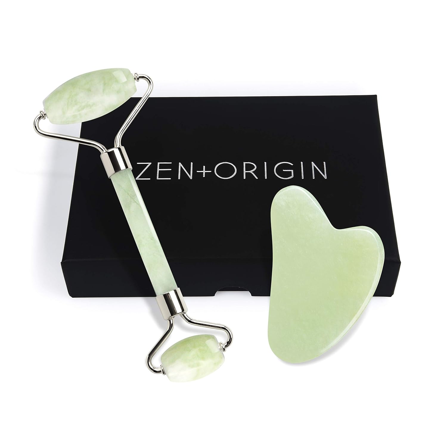 Jade Roller and Gua Sha Set - 100% Natural Jade Stone Face Roller, Dual Sided Massage Roller Stimulates Blood Flow, Relieves Stress, Reduces Signs of Aging, Travel Pouch Included, Gift Box: Beauty