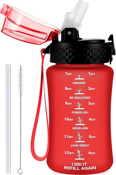 GOPPUS 350ml Kids Water Bottle with Straw Flip Top Lid BPA Free Red
