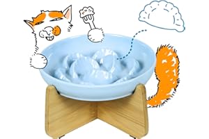 FULLCHARM Slow Feeder Cat Bowl with Stand - Unbreakable Elevated Slow Feeder Bowl for Cats - Melamine Puzzle Raised Cat Food Bowl - Whisker Friendly & Wet & Dry Food- Dishwasher Safe & Non Slip (Blue