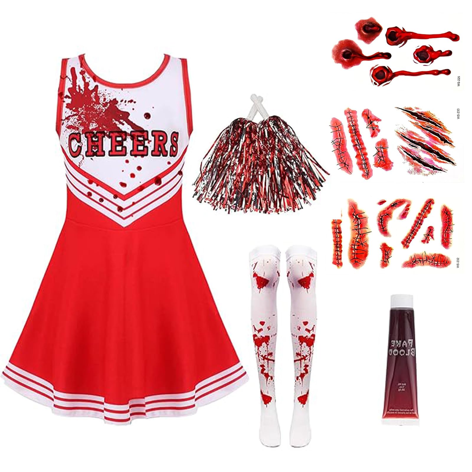 PXDUCN Zombie Cheerleader Costume, Halloween Costumes, 8 Pcs Cheerleader Dead Outfit Party, for Attending Halloweens and Parties Use by Those Aged 15 and Above (Red, 130)