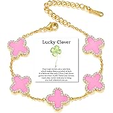Qitian Clover Bracelet for Women 18K Gold Four Leaf Pink Lucky Link Clover Bracelets, Trendy Bracelets Set Jewelry Gifts for Women