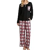 FLYCURVY Women's Pajama Sets 2 Piece Long Sleeve Sleepwear Soft Pj Set Loungewear Plaid Pjs with Pockets