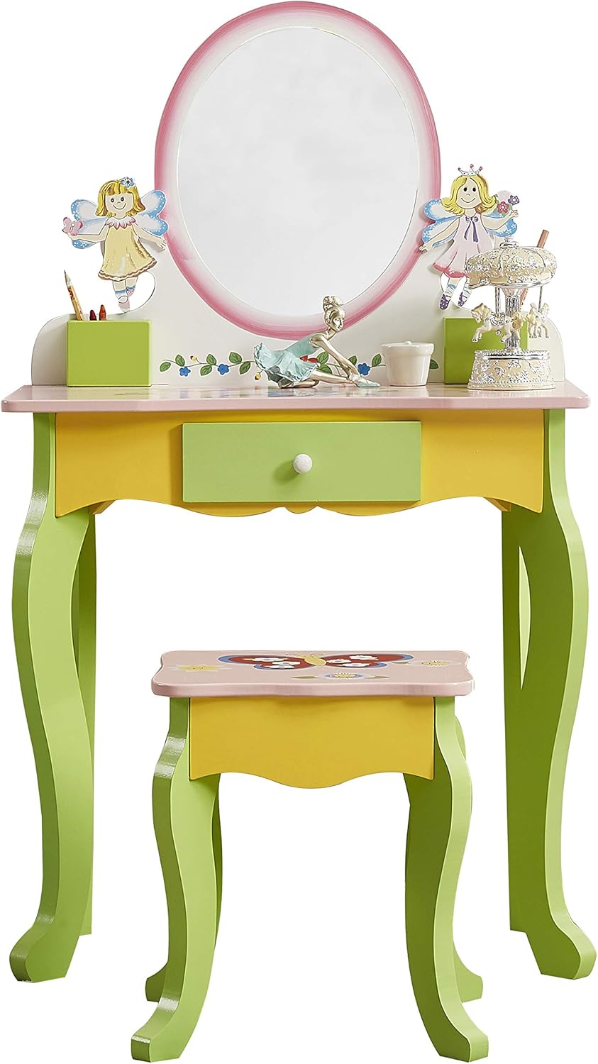 WODENY Childrens Vanity Table Set Dressing Table Kids Dresser and Chair & Stool Beauty Sets