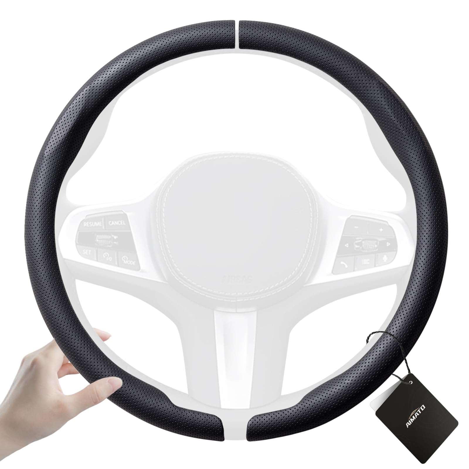Photo 1 of Aimato Car Steering Wheel Cover 2 Piece Non-Slip Clip on Microfiber Leather Steering Wheel Cover,Ultra-Thin Breathable,Universal Fit 14.5"-15" Wheel,Black
