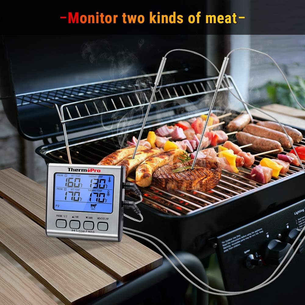 ThermoPro TP-17 Dual Probe Digital Cooking Meat Thermometer Large LCD Backlight Food Grill Thermometer with Timer Mode for Smoker Kitchen Oven BBQ, Silver: Garden & Outdoor