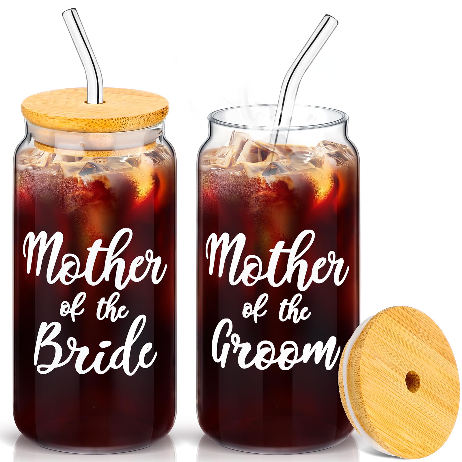 Photo 1 of 2 Sets Mother of The Groom Glass Cups with Lids and Straws, Mother of The Bride 16 oz Iced Coffee Cups, Wedding Gifts for Bride and Groom (Mother)