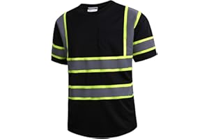 SKSAFETY High Visibility Professional Level T-Shirts Quick Dry Class 3 Safety Shirts for Men＆Women, Reflective Short Sleeve Breathable Birdeyes T-Shirt with Pocket for Construction Work, Large Black