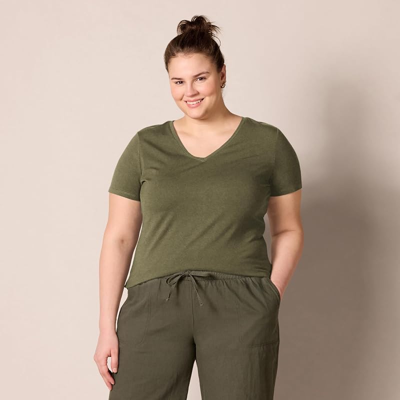 Damen T-Shirt Regular Fit mit kurzen Ärmeln und V-Ausschnitt, 2er-Pack, Olivgrün/Haferbeige Meliert, M