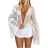 GORGLITTER Women's Floral Embroidery Mesh Boho Blouse Bell Sleeve Boho Top Deep V Neck Shirts Peasant Top