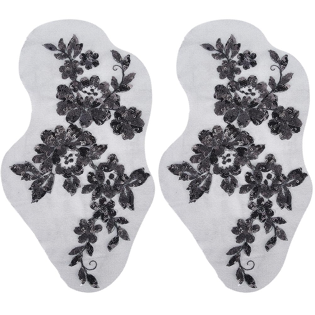 GORGECRAFT 4Pcs Sequin Embroidered Flower Lace Applique Beaded Trim Patches Cloth Sew on Floral Motif Fabric Collar Patch for Wedding Gown Dress Bridal Clothing Jacket Bag Decor DIY Crafts Black