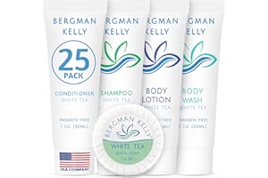 Bergman Kelly - Hotel Toiletries Bundle - White Tea, 1 oz each, 125 Pieces - 5-Piece Set: 25 each Round Bar Soap, Shampoo, Conditioner, Body Lotion & Body Wash - Bulk Mini Guest Amenities