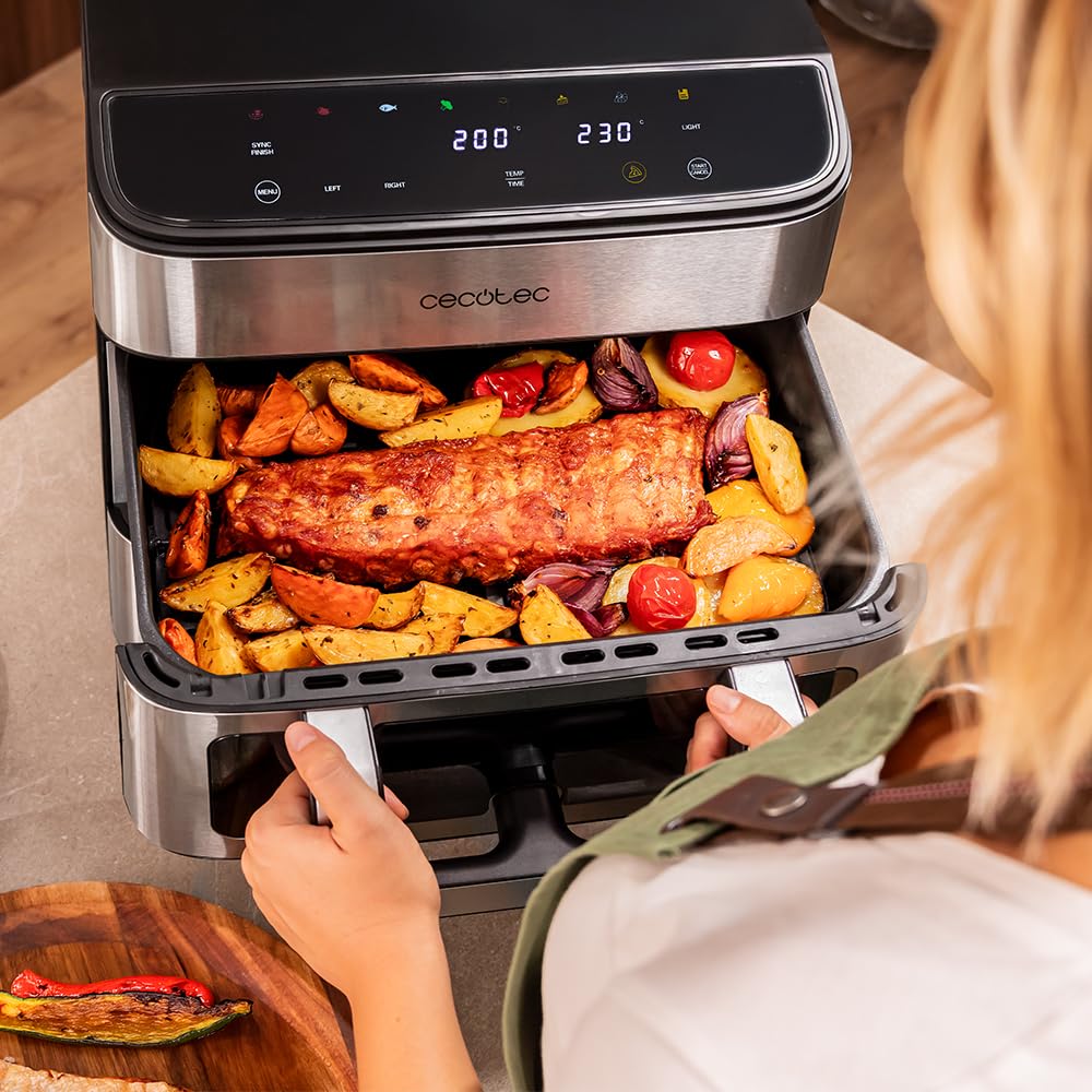 Cecotec Cecofry FoodCourt 18000 4Pizza Air Fryer 18 l Air Fryer 18000 4Pizza 2700 W, Backofen 30 cm, Temperatur max. 230 °C, 9 l Trennwand und 200 °C, Sync-Funktion, Pizzastein, Farbdisplay, Edelstahl 3