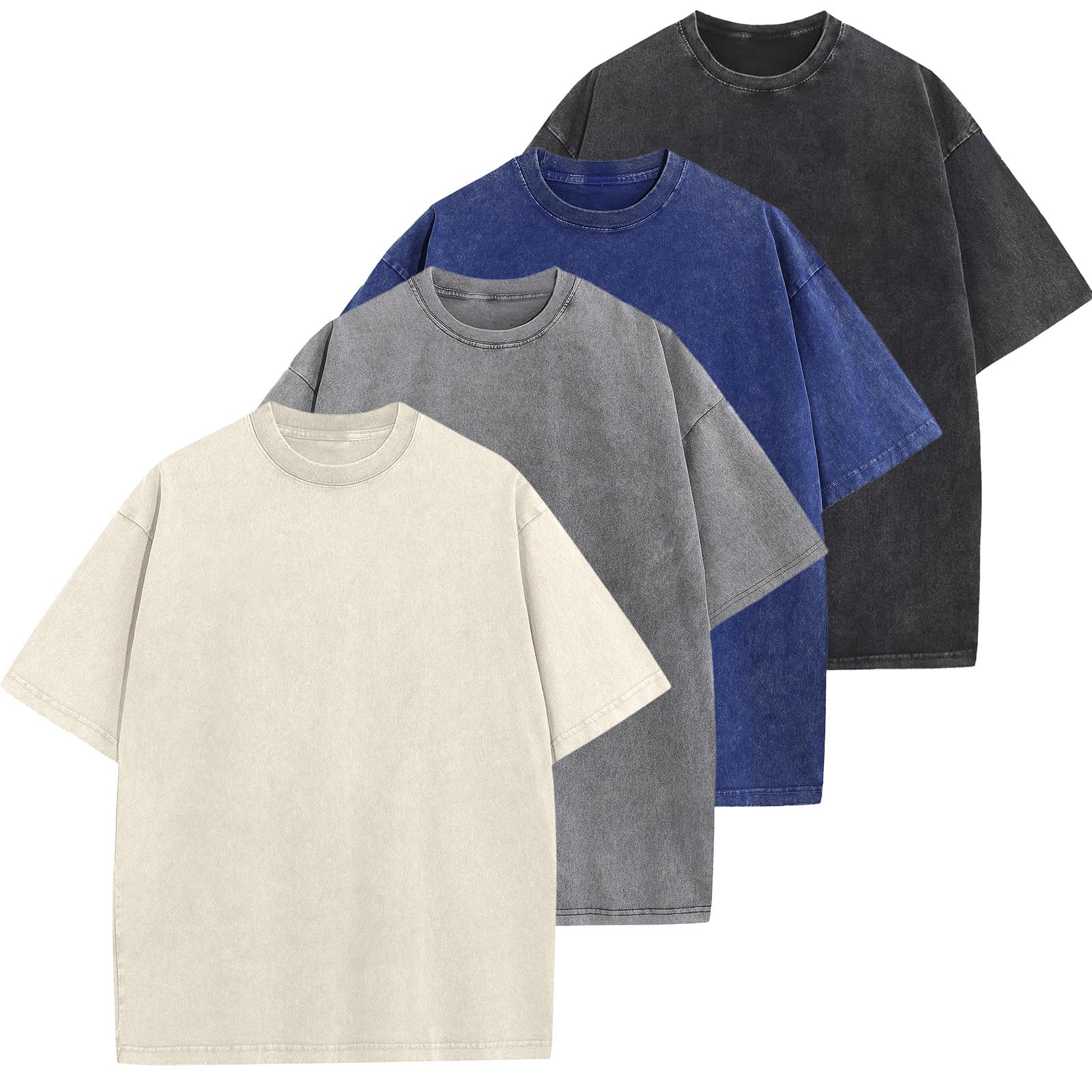 Photo 1 of 4 Pack Men's Oversized Cotton T-Shirts Loose Fit Vintage Tee Short Sleeve Casual Tshirts Solid Tops(BKGYBUBG,L)