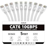 Jadaol Cat6/Cat6A Ethernet Cable 5FT 10Pack Flat 10Gbps Network Cable White | 1FT 3FT 5FT 10FT 15FT 20FT 25FT 30FT 35FT 50FT 60FT 75FT 100FT 150FT 200FT LAN Patch Cable for Router, Modem, Switch, Gaming