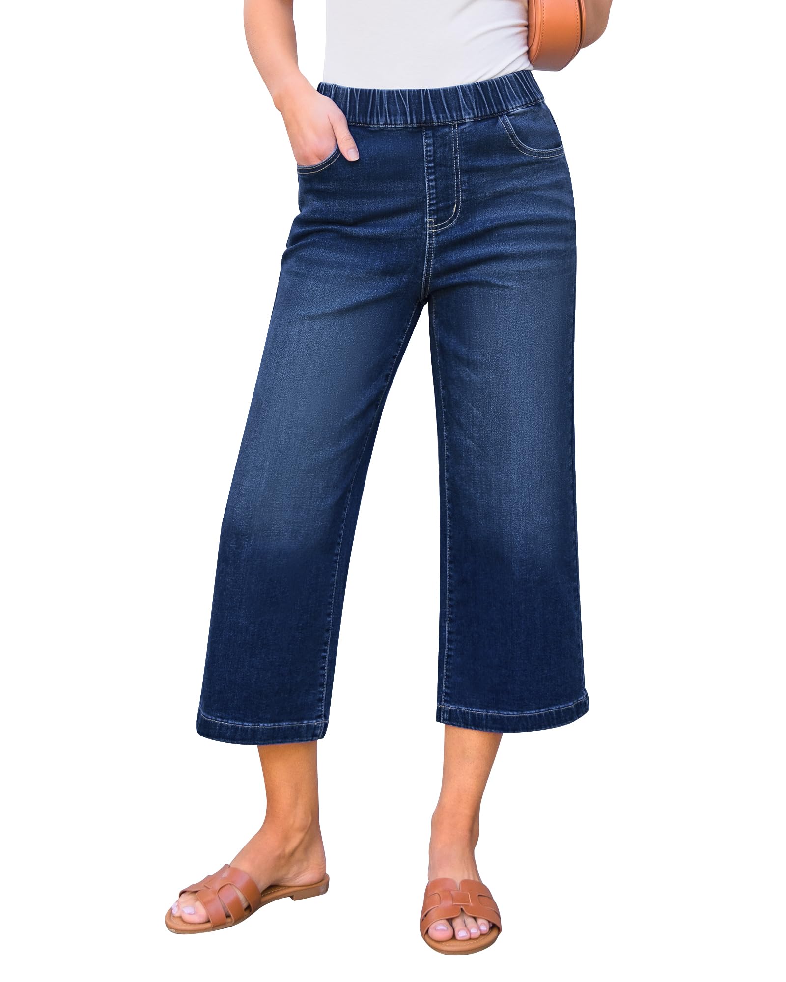 Photo 1 of (LARGE FITTED) GRAPENT Womens Capris Jeans for Women Trendy Stretch Dark Wash Jeans Women Pull on Wide Leg Pull on Pants for Summer Womens Wide Leg Pants Color Darkness Blue X-Large Size 16 to 18