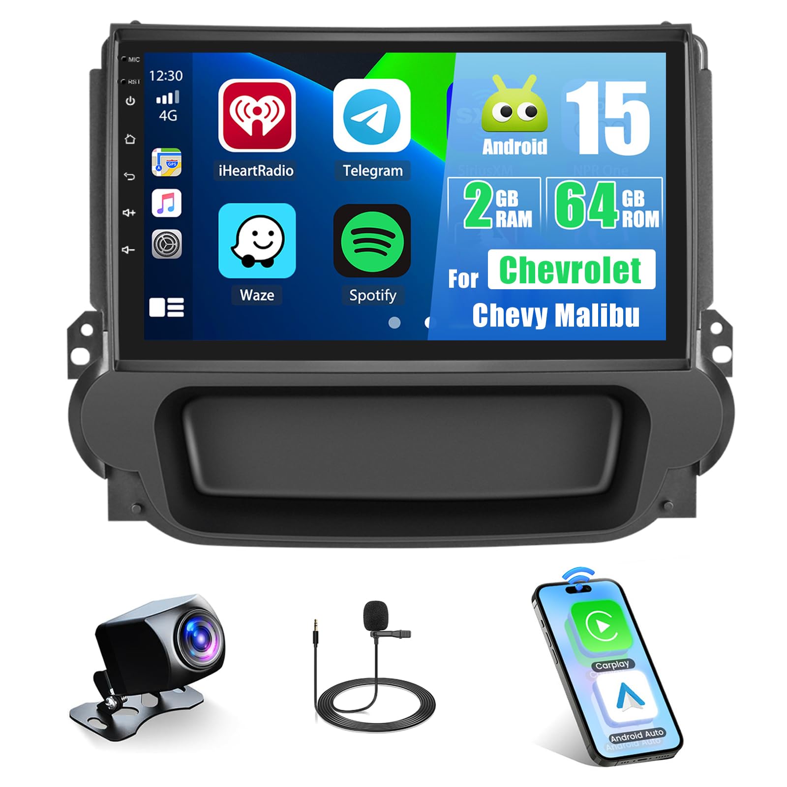 Photo 1 of 2+64G for Chevrolet Chevy Malibu 2011-2014 Android 15 Car Stereo Wireless Apple CarPlay Android Auto,9 inch Touch Screen Radio WiFi Bluetooth GPS FM RDS+Free AHD Backup Cam