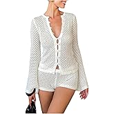 MakeMeChic Women's 2 Piece Outfits Crochet Long Sleeve Button Down Shirt and Shorts Matching Set