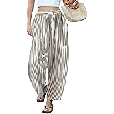 LOMON Womens Wide Leg Linen Pants Casual Drawstring Palazzo Harem Pants Summer Loose Beach Travel Vacation Pants with Pockets