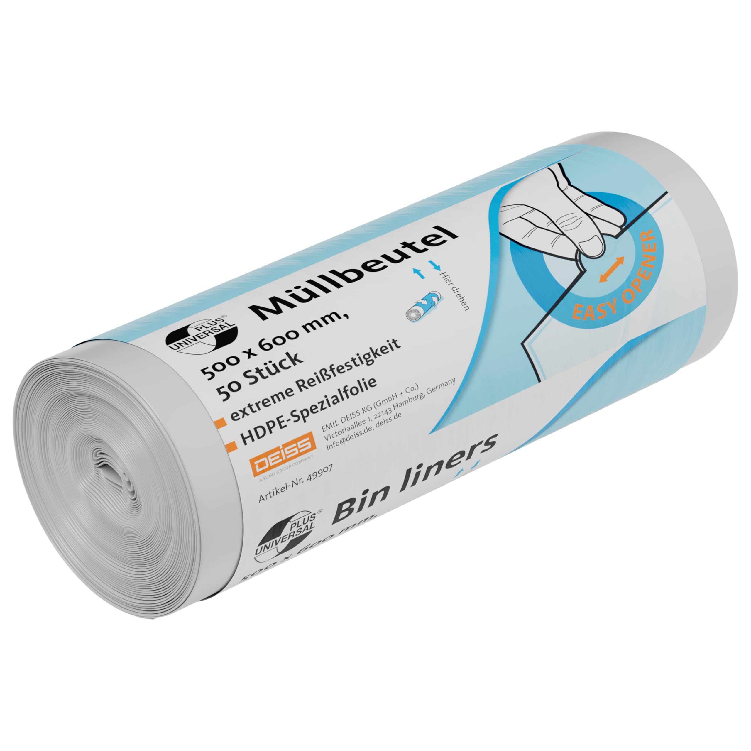 DEISS UNIVERSAL PLUS 49907 Bin Bags with Printed Sleeve, 500 mm x 600 mm 50 per roll, 30 L, Transparent