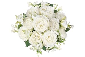 Mkono Peonies Artificial Flowers, Small Silk Flowers for Home Decor Indoor Fake Bouquet Faux Floral Arrangements Dining Table Centerpieces for Kitchen Bridal Wedding Party Decor White