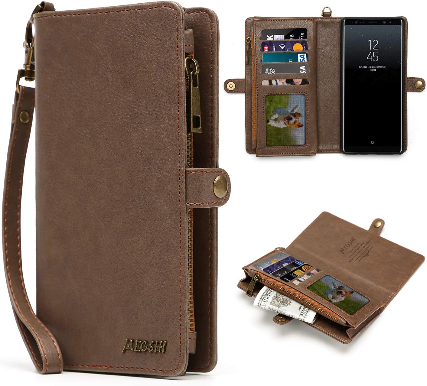 MEGSHI Multifunctional Wallet for Galaxy Note 8, Zipper Wallet Case for Galaxy Note8, Handbag with Detachable Magnetic Back Cover, Samsung Note 8 Leather Case with Credit Card Slot (Brown)