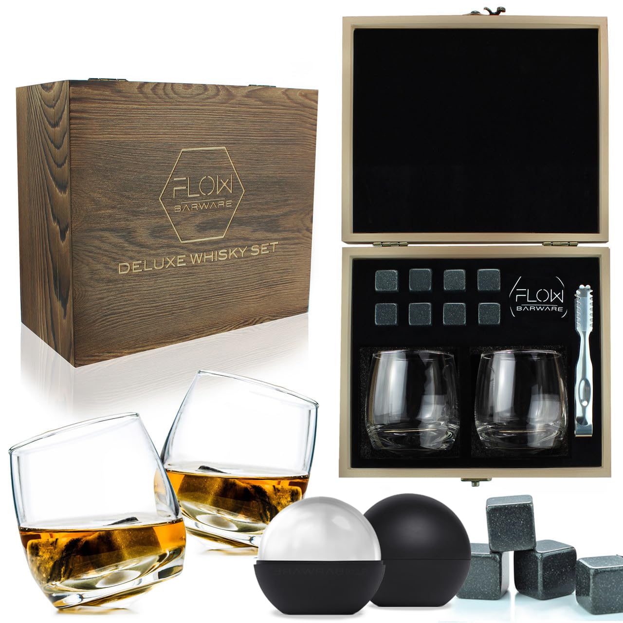 FLOW Barware Rocking Whiskey Glasses Gift Set With Whisky Stones, Ice Ball Moulds | Rotating Spinning Whisky Glass Tumblers For Scotch, Bourbon, Brandy | Gift Sets For Men
