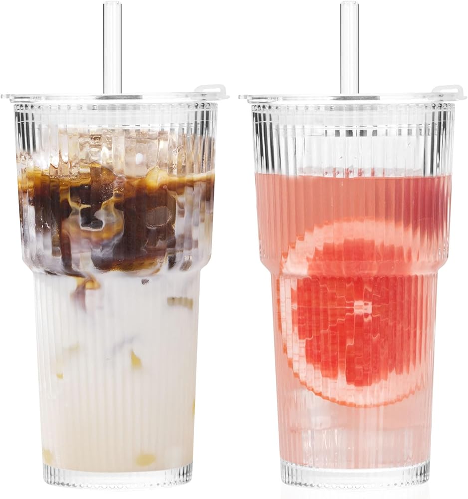 GOSCHE 20oz Glass Cups with Lids and Straws, Clear Iced Coffee Cups Vintage Drinking Set, Glass Tumbler with Straw and Lid fo