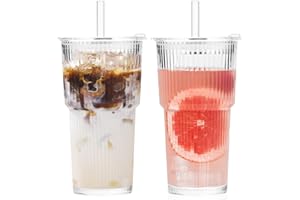 GOSCHE 20oz Glass Cups with Lids and Straws, Clear Iced Coffee Cups Vintage Drinking Set, Glass Tumbler with Straw and Lid fo