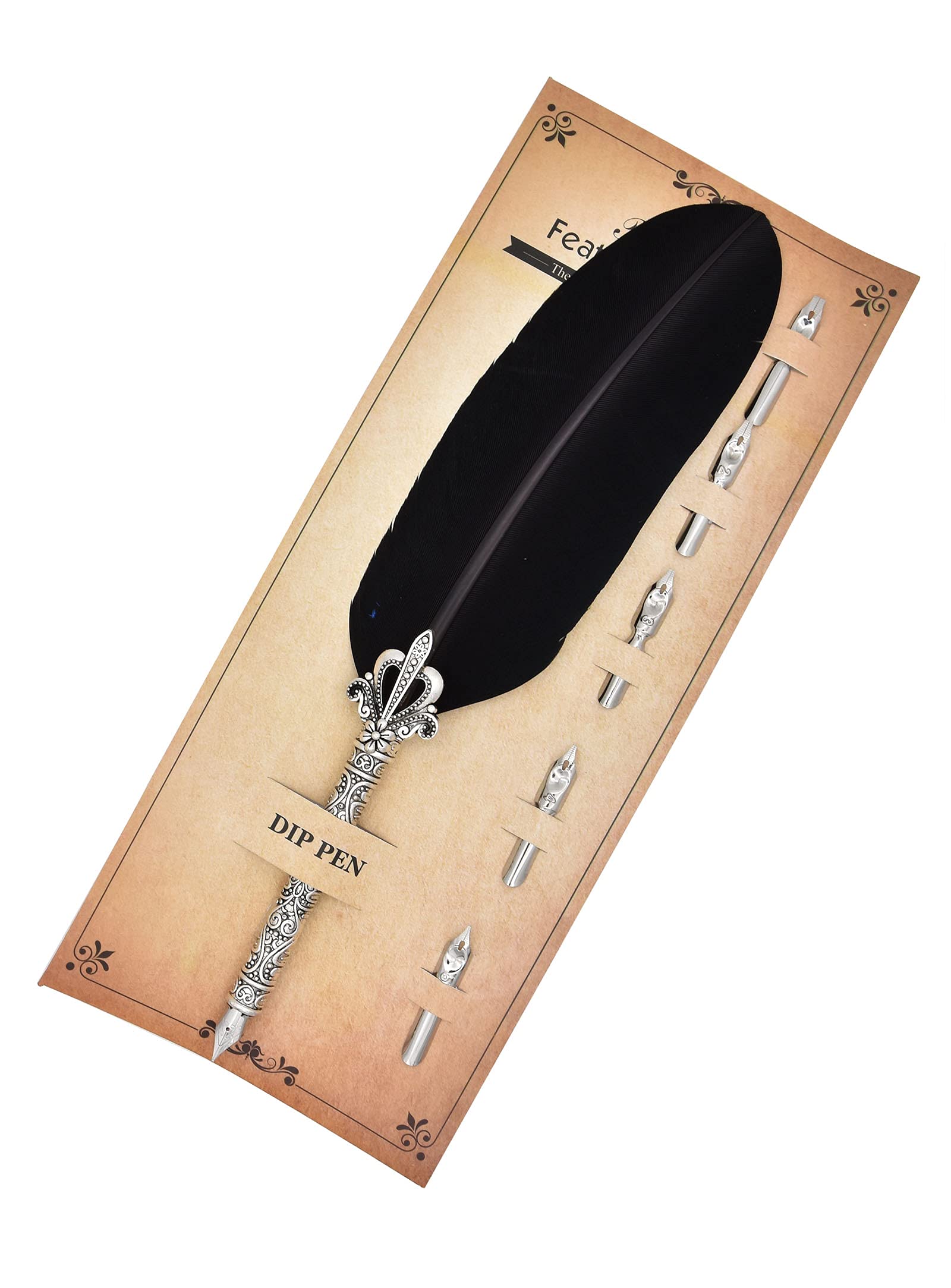 Gullor Feather Quill Pen and 5 Calligraphy Nibs for Beginners Kids Calligraphy Writing Quill Dip Pen Set, Black