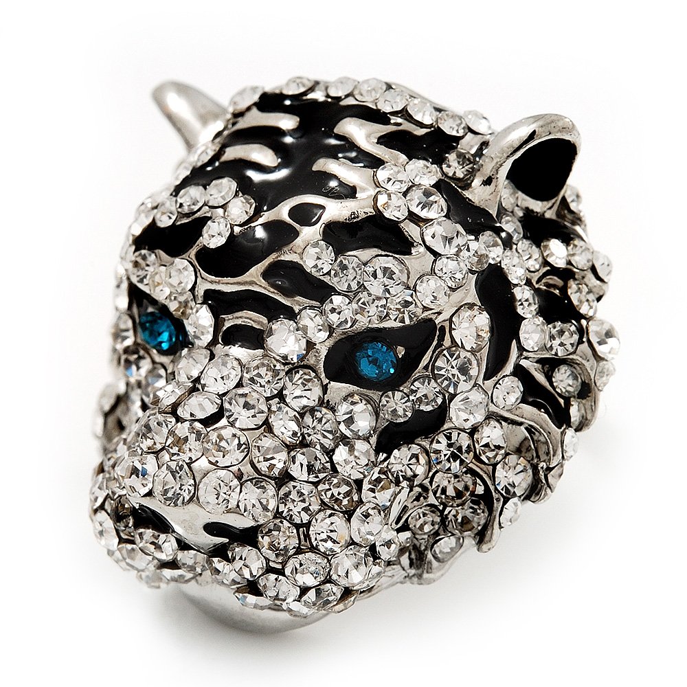 Avalaya 30mm D/Crystal Tiger Head with Blue Eyes Ring/Rhodium Plated/Adjustable