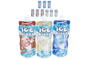 Snowcone On The Go Ice Bites - Flavored Frozen Ice Pouches, Variety Pack, Strawberry, Blue Bubble Gum & Wedding Cake, 8 Oz each (Pack of 12)
