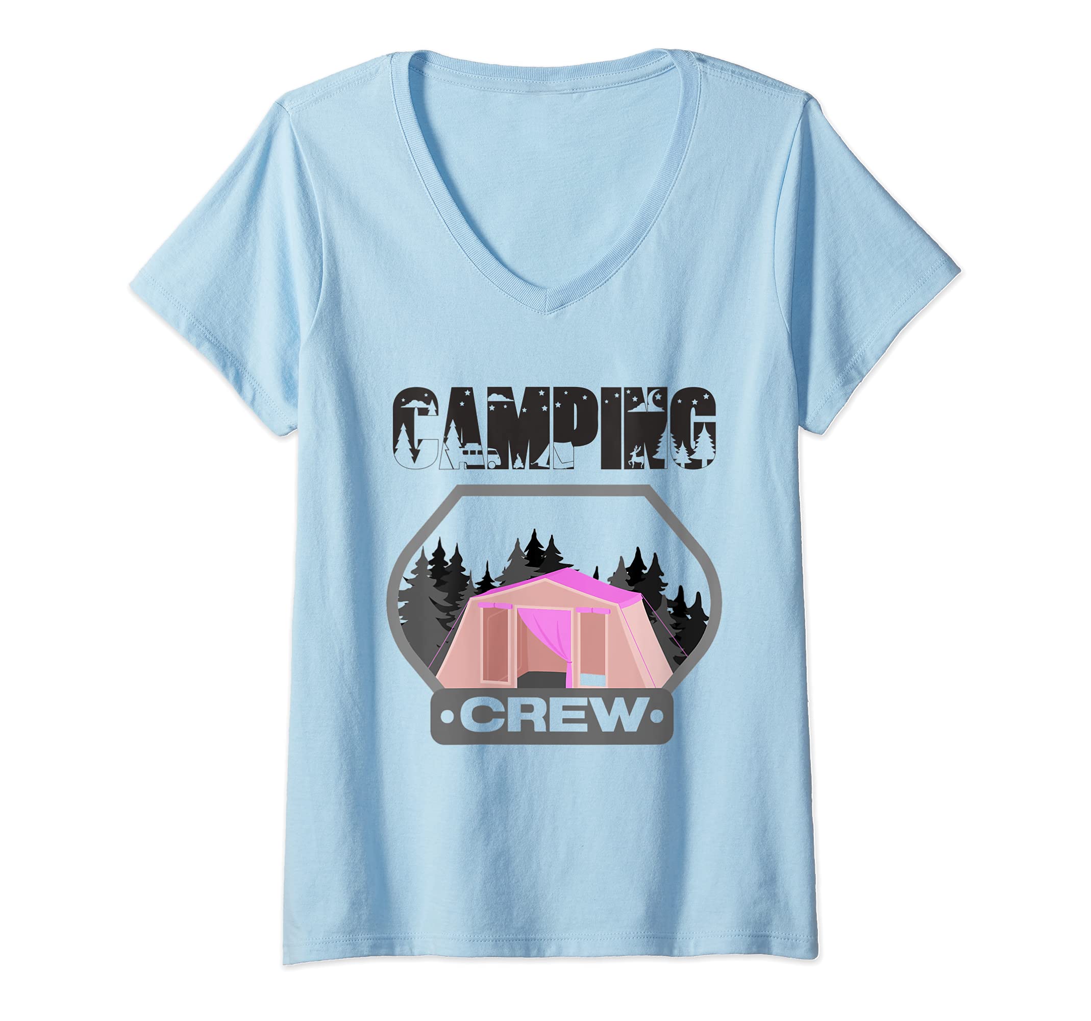 Womens Family Camping Trip Matching Group Pink Tent Camping Crew V-Neck T-Shirt