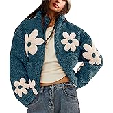 Maixang Womens Floral Print Sherpa Fleece Jackets Winter Zipper Cropped Coat Casual Long Sleeve Outwear with Pockets