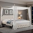 Keyluv King Upholstered Canopy Bed Frame with 3 Drawers and Button Tufted Headboard, Metal Platform Bed with 4 Removable Posts, Two-Purpose Velvet Bed No Box Spring Needed, Beige/Curtains Not Included